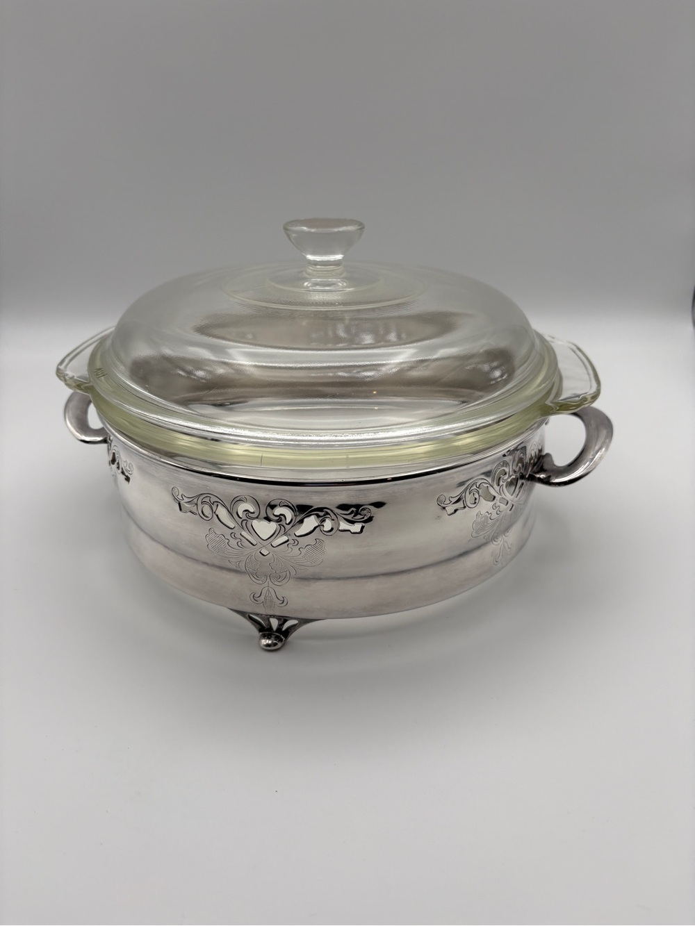 Vintage Fire-King 1½ Qt. casserole w/ Primrose Plate silver-plated cradle/server